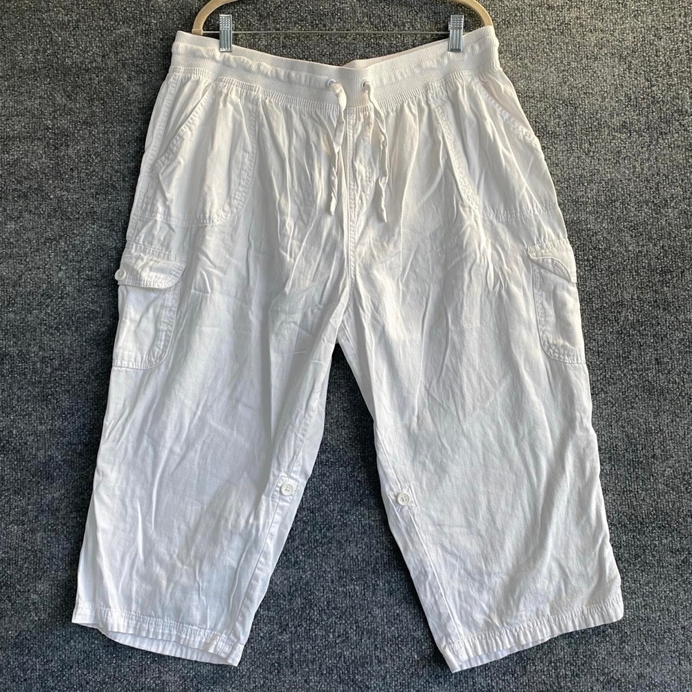 WOMAN WITHIN PLUS SIZE WHITE CARGO CAPRI PANTS DRAWSTRING WAIST POCKETS